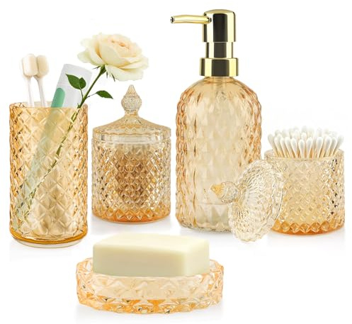 5-teiliges Badezimmer-Set, Glas Badezimmerzubehör Moderne Seifenspender Set | Goldene Badezimmer-Deko mit Zahnbürstenhalter, Becher, Seifenschale, Stilvolle Luxuriöses Badezimmer Zubehör