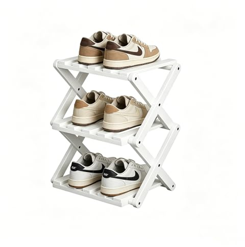 Schuhregal Weiß 3 Ebenen - Kleines Schuhregal Faltbar Ohne Montage Schmal - Bambus Schuh Organizer Platzsparend - Schuhständer Schuhablage Schuhaufbewahrung für Flur Schlafzimmer Kleine Räume