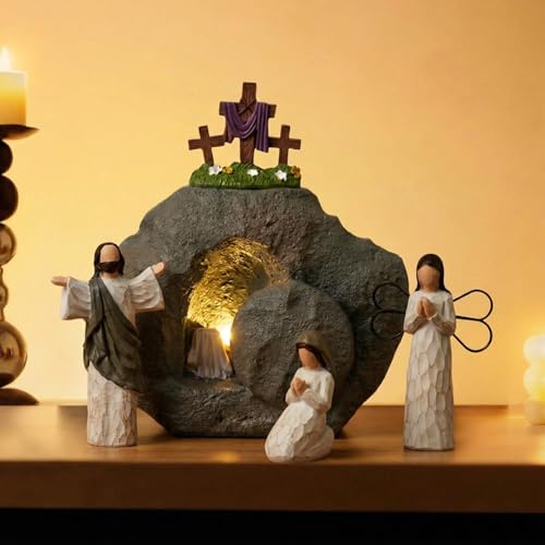 Tischdekoration Ostern Resin Osterkrippe - 7-teiliges Jesus Krippe Set Mit Leerem Grab | Detailreiche Auferstehungsszene Für Osterdekoration | Religiöses Kunsthandwerk Aus Naturharz Für Zuhause