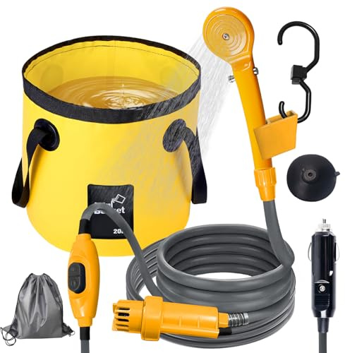 Ducha de camping portátil, ducha de camping con cubo plegable, bomba, bomba sumergible de 2 m, cable de alimentación de 5 m y interruptor, ducha portátil de 12 V, bomba eléctrica de ducha de camping