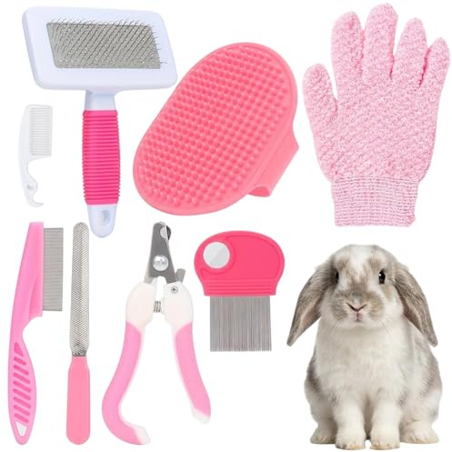 Rabbit Grooming Kit with Rabbit Brush and Nail Clippers, 8-in-1 Complete Small Pet Tools, Multifunctional Kit for Coat Grooming and Nail Trimming for Rabbits