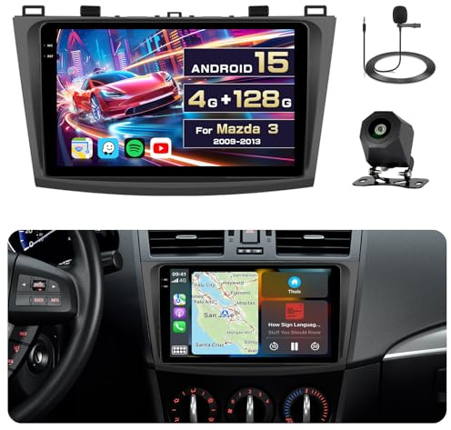 Inefala 4+128G Autoradio Android 15 para Mazda 3 2009-2013 | Pantalla de 9 Incell Táctil, Wireless CarPlay, Android Auto, BT 5.0, GPS, WiFi, FM/RDS, EQ, SWC, MIC, Cámara