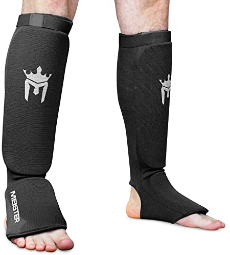 Meister Schienbein- und Fußschützer aus elastischem Stoff MMA (Paar) – Schwarz – S/M