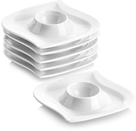 MALACASA, Series Elvira, 6-Piece 4 Egg Cups Holder Ivory White Porcelain China Egg Stand Plates (10.5 * 10.5 * 2.5cm)