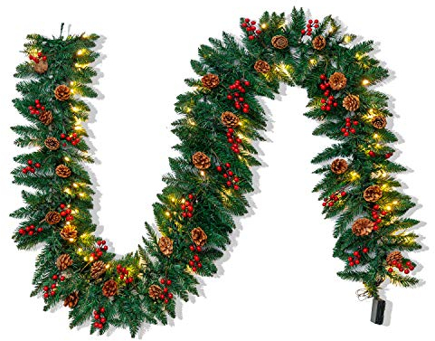 Joiedomi 2.7M künstliche Weihnachtsgirlande mit 100 LED-Lichtern, 27 Tannenzapfen und 27 roten Beeren, Weihnachtsdekorationskranz für Treppe, Haustür, Garten, Hof, Weihnachtsbaumdekoration