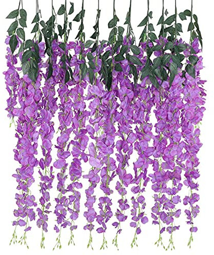 Tifuly 12 Pack Künstliche Glyzinien Reben, 3,08 Fuß Ratta Gefälschte Glyzinien Lange Girlande Seidenblume Hängen String für Home Party Hochzeit Decke Decor(Doppel Stiele, Lila)