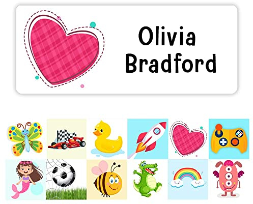 Pack of 42 Heart Kids Name Labels (55 x 22 mm) Self Adhesive Waterproof Personalised Name Stickers for Water Bottles Pencil Boxes Stickers Limited