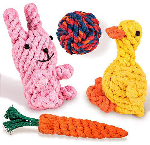 Whaline 4PCS Easter Dog Toy Kit Puppy Chew Toy Carrot Ball Rabbit Yellow Duck Cotton Rope Toy for Easter Pet Gifts Small Medium Large Dog Pets Playtime Teeth Cleaning