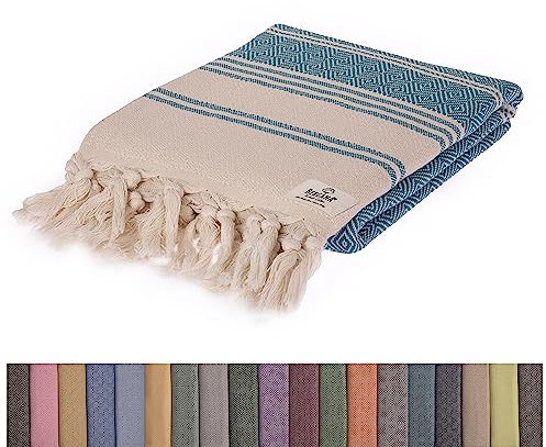 BERGAMA türkisches Strandtuch, 100% Baumwolle, vorgewaschen, 96 x 180 cm, schnell trocknend, sandfrei, leicht, großes Badetuch für Strand, Pool, Fitnessstudio, Picknick und Yoga-Decke (Aqua Blue)