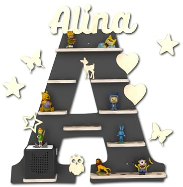 Holzura Tonie Regal für Toniebox, Toniebox Regal personalisiert mit Name und Holzsymbolen, Tonie Aufbewahrung (Buchstabe A)