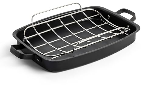 Merten & Storck Carbon Steel Asadera de Inducción de Acero al Carbono Pre-Sazonada de 47x27x6 cm con Rejilla de Acero Inoxidable Extraíble, Apta para Horno hasta 300°C, Negra