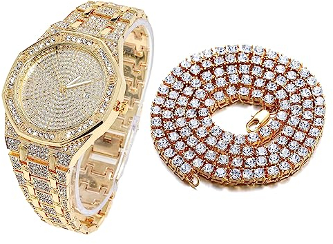 Halukakah Diamant Golduhr Iced Out, Männer 18k Echtgold Plattiert Quarz Armband 22cm Achteckiges Zifferblatt, mit Tennis-Ketten Halskette 45cm, Kommt mit Geschenkbox