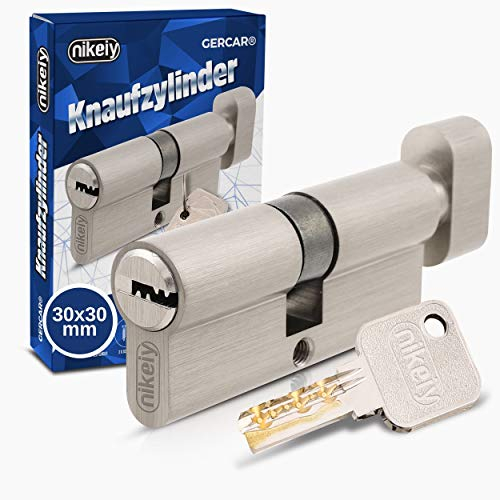 GERCAR Cilindro 30/30 con pomo para cerradura de puerta (latón mate, niquelado, incluye 5 llaves, longitud: 60 mm, A: 30 mm, ancho: 30-1 unidad)