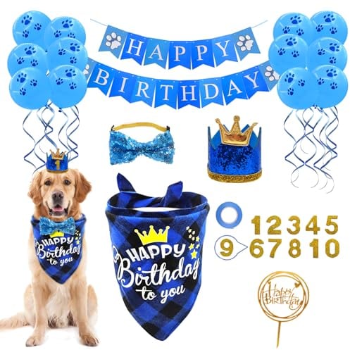 LMSHOWOWO Dog Bandana & Hat Set - Boy's Birthday Party Supplies with Elastic Bow Tie, Number Balloons, Happy Birthday Banner & Cake Topper for Small, Medium & Large Dogs (Blue)