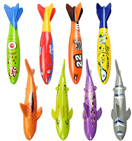 AMJKEJI 8 Stück Pool Spielzeug Torpedo Hai Unterwasser Torpedo Schwimmbad Spielzeug Tauchspielzeug für Kinder Geburtstag Geschenk, Sommer Schwimmen, Tauchen, Training