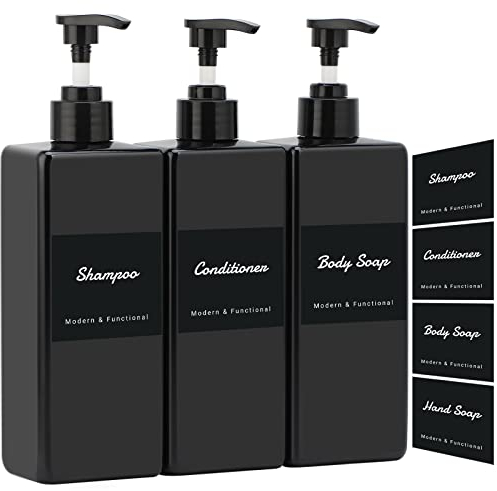 Segus Shampoo Flaschen zum Befüllen, 3 Stück 500ml Seifenspender mit Pumpenkopf, Separater Wasserdichter Aufkleber, zum Mehrfachen Befüllen von Shampoo, Conditioner, Händedesinfektionsmittel, Schwarz