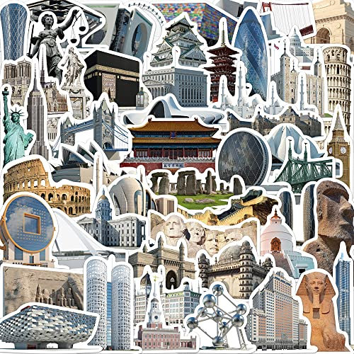 65 Stück Berühmte Gebäude Aufkleber Wasserflaschen Laptop Telefon Gitarre Skateboard Computer Koffer Fahrrad Buildings Vinyl Stickers Wasserdicht Ästhetisch Aufkleber für Jugendliche Kinder Erwachsene