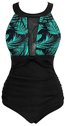 Viloree Maillots de Bain 1 Pièce Femme Amincissant Bikini Grande Taille Monokini Push up Feuilles Vertes 2XL