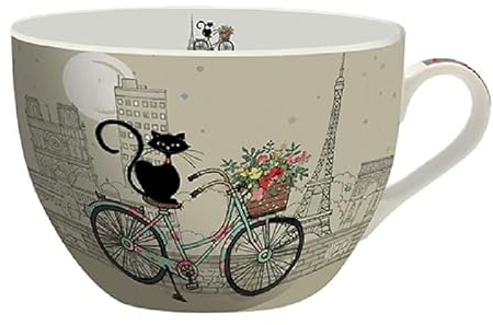 KIUB Bol chat avec une anse - Motif chat sur un vélo avec aussi la Tour Eiffel de Paris - matière porcelaine fine - contenance 500ML