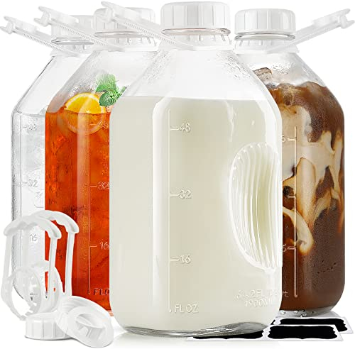 Confezione da 4 bottiglie per latte in vetro resistente da 1,8 l, con coperchio a vite ermetico riutilizzabile, bottiglia d'acqua in vetro con 2 linee di scala esatte, brocca per latte in vetro,