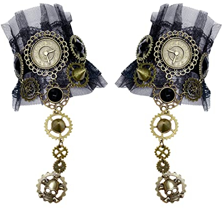 Aabellay Damen Fingerlose Spitzen Handschuhe Gothic Victorian Armbänder Retro Spitze Steampunk Gear Armkette Steampunk Armbänder Set Vintage Opern Handschuhe Halloween Braut Zubehör 1 Paar - S415
