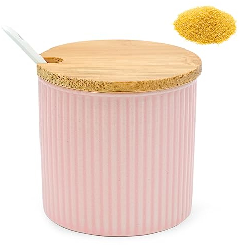 YAXIDAEVER Zuccheriera con coperchio in legno, barattolo in ceramica da 240 ml, contenitore per spezie con cucchiaio per servire zucchero, pepe, spezie