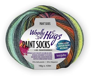 Woolly Hugs Paint Socks von Veronika Hug,4-fädig,100g/420 m,75% Schurwolle/25% Polyamid,2 identische Socken stricken, (203 REGENBOGEN)