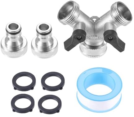 DRELD 2-Way Garden Hose Y Splitter - Silver 3/4 Inch Y Water Distributor with On/Off Valves, Brass Y-Divider with 2 Tap Connectors, 4 Washers, 1 Sealing Strip for Home, Garden Use