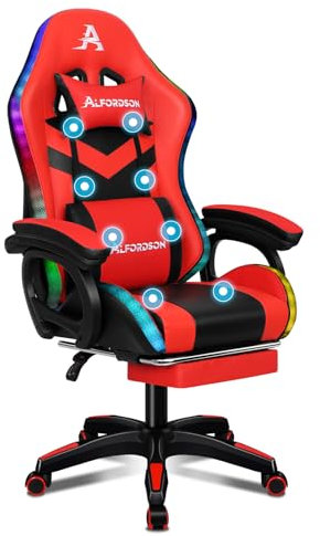 ALFORDSON Sedia da gioco con massaggio a 8 punti, 12 colori, RGB LED, ergonomica, rosso