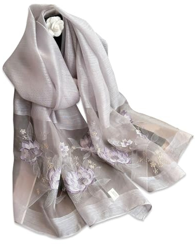 LumiSyne Sciarpa Di Seta Di Gelso Foulard Chiffon Donna Delicato Ricamo Di Rosa Tulle Trasparente Leggero Morbido Sciarpa Lunga Scialle Di Protezione Solare Stole Primavera Autunno