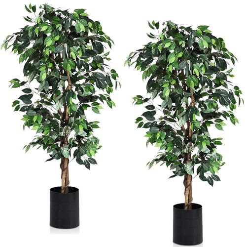 TANGZON 5FT/6FT Artificial Ficus Tree, Indoor Fake Ficus Plant in Pot with 1008 Lifelike Leaves, Replica Faux Potted Plant for Home Living Room Office Balcony Decor (2, Green, 180CM/6FT)