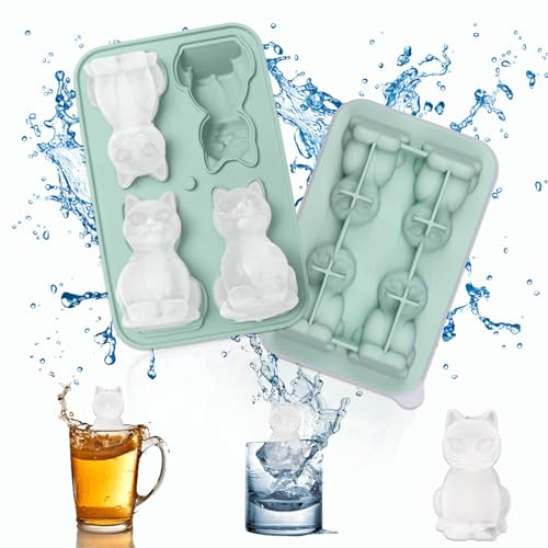 Zamety Silikon Eiswürfelform, 4-Fach Silikonform Katze, Eiswürfelform mit Deckel, Wiederverwendbar Eiswürfel Form für Cocktail Whisky Obst Wein Kaffee, Grün