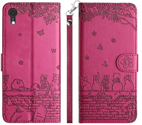 Case for iPhone XR Phone Case, Embossed Cute Cats PU Leather Flip Case for iPhone XR with Card Holder and Magnetic Closure, Red
