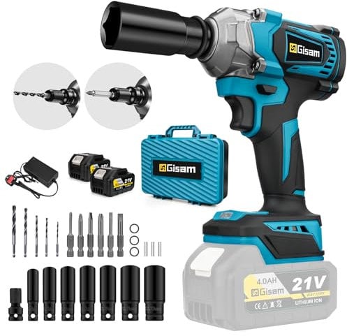 Gisam Brushless Impact Wrench, 650N Impact Gun 1/2 Inch, Electric Wrench High Torque 3-in-1, 2x4.0Ah Battery, Power Wrench Set (7 Sockets, 5 Drills, 6 Screws, 1 Changeover Heads) for Car Wheel Garage
