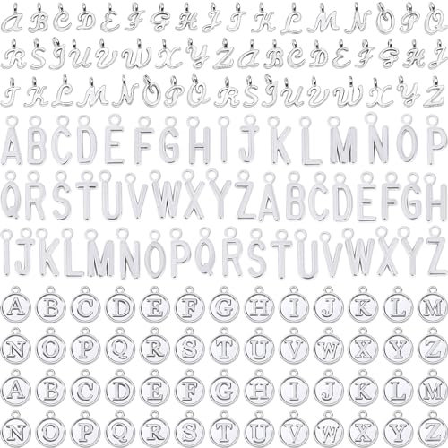 SANNIX 156Pcs/6 Sets Letter Charms, Alphabet ABC Letter Charms 3 Styles Capital A-Z DIY Bracelet Necklace Pendants with 200Pcs Open Jump Rings for Jewelry Making, Antique Silver