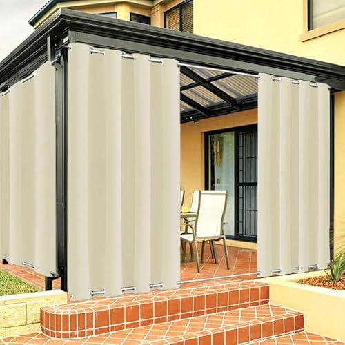 FicaRico Outdoor Vorhang Wetterfest mit Ösen Oben und Unten, Outdoor Vorhänge Sonnenschutz Wasserdicht Blickdicht Gardinen für Pavillon, Benutzerdefinierte Größe -1 Stück, Beige, B264xH275cm