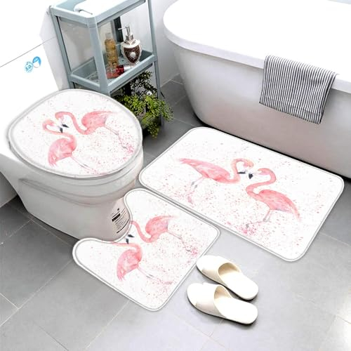 VIMOOR Flamingo Badezimmerteppich Tier Badematte rutschfest 3-teiliges Weiche Mikrofaser Badvorleger Schnelltrocknende Absorbierender Badteppich Waschbar Duschvorleger Bath Mat,50 x 80 cm