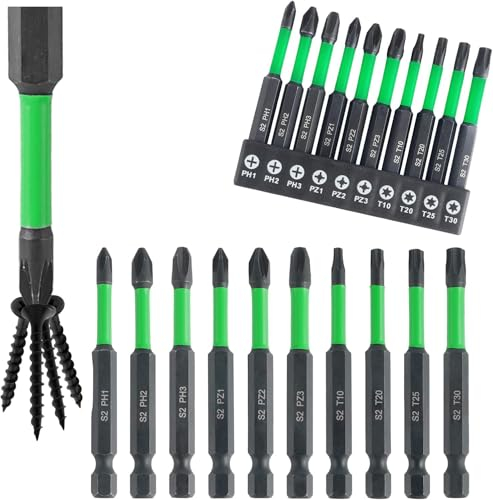 RICKMASK 10 piezas Puntas Atornillador Imantadas Juego,Juego de puntas de destornillador largo de 70 mm,Atornillar y Llaves de Set con cabeza magnética fuerte para Obras de Construcción