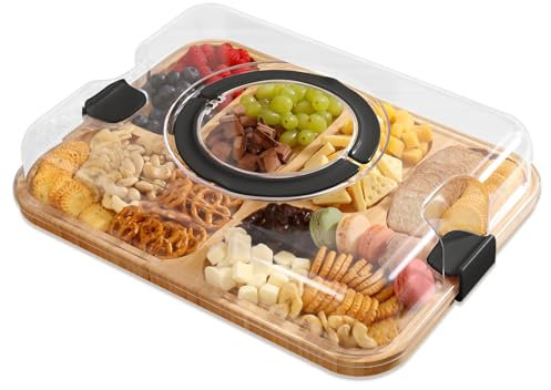 KHINYA Tagliere per salumi con coperchio, portatile, per cucina, in bambù, per snack, salumi (6 scomparti ossidiana)