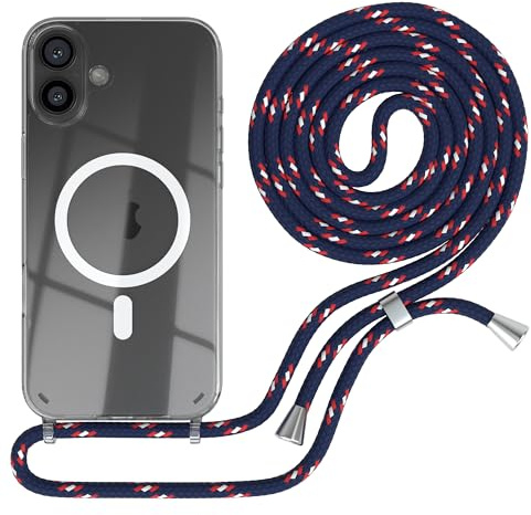 EAZY CASE - Handykette kompatibel mit iPhone 16 Plus Kette zum Umhängen Stoßfest Handyhülle für Apple iPhone 16 Plus Silikon Hülle mit Band Handytasche Transparent als Fallschutz in Navy Camouflage