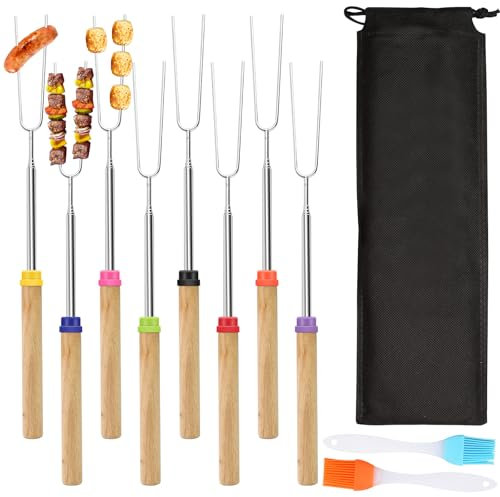 Marshmallow Toasting Forks 8 Pcs Barbecue Forks Smores Kit with Silicone Grill Brushes,Extendable Fork with Birch Handle Extendable U Shape Fork for Barbecue Camping Picnic(31-81cm)
