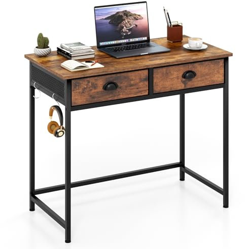 COSTWAY Computer Desk, Wooden PC Laptop Table Writing Workstation with 2 Drawers and 4 Hanging Hooks, Simple Home Office Working Gaming Study Desk, 90 x 45 x 75 cm (Rustic Brown + Black)