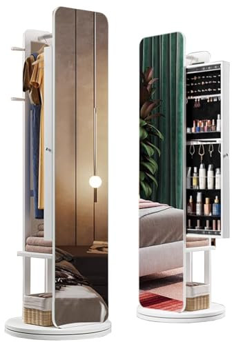 SanzIa Armoire à Bijoux avec Miroir Pivotant à 360°, Grand Meuble de Rangement sur Pied pour la Chambre à Coucher, avec 1 Porte-Manteau, 4 Crochets, 2 Étagères de Rangement