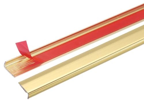 sourcing map 10pcs Tile Edge Trim 12 x 0.4 Peel and Stick Backsplash Trim Aluminum Alloy Self Adhesive L-Shape Outside Corner Strip for Kitchen Tailgates Mirror Frame Furniture, Matte Gold