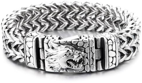 COOLSTEELANDBEYOND Herren Edelstahl WolfKopf Armband, Große Franco Link Panzerkette, Strukturierte Schuppe Verschluss, Gotischen Wikinger