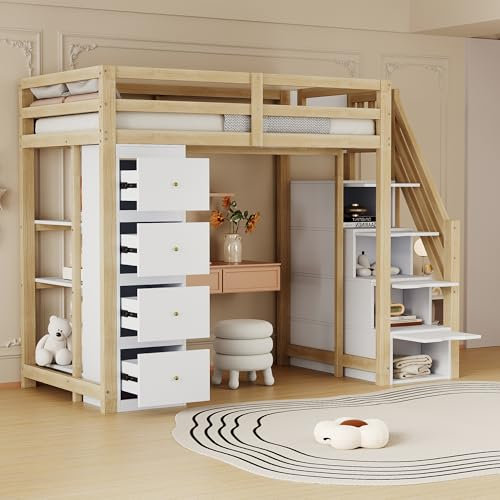 Lcoho Cama alta con cajón de almacenamiento, cómoda con estantes, escalera de seguridad con cajones de almacenamiento, cama multifuncional de madera maciza, cama infantil (color madera, 90 x 200 cm)