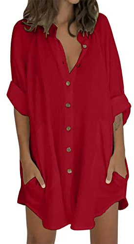 Summer T Shirts for Women UK Summer Long Sleeve Button Down Shirts Ladies Long Top Plain Loose Casual Blouses T-Shirt Beach Holiday Tees Oversized My Orders Red