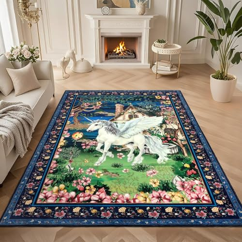 Geanup Tier Teppich Wohnzimmer Groß 160x230cm Waschbare, Blau Einhorn Blumen Teppich Kinderzimmer Weich, Kurzflor rutschfest Groß Teppiche für Schlafzimmer Spielzimmer Esszimmer Studie Büro Küche