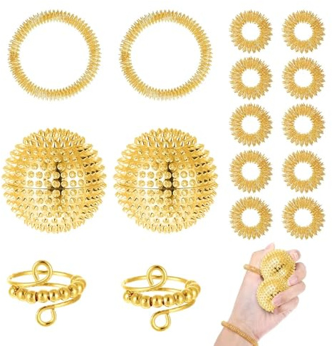 16 Stück Gold Skills Set Borderline Angstzustände Lindern Oder Massage | 2 Anxiety Ring Gold, 10 Akupressur Ring, 2 Akupressur Armband, Zweiteiliger Lgelball, Auf Finger, Handflächen, Füße