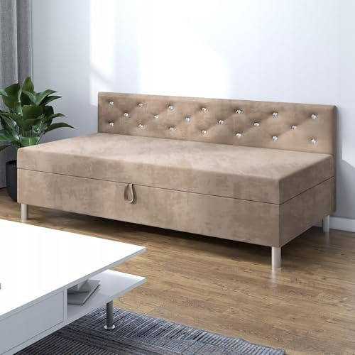 TAPCZANY24 - Boxspringbett Princess+, Bett mit Matratze 95 cm Breite | Polsterbett mit Bettkasten, Taschenfederkernmatratze, Einzel Bed mit Veloursbezug, Komfortabel Bette - Velour Taupe